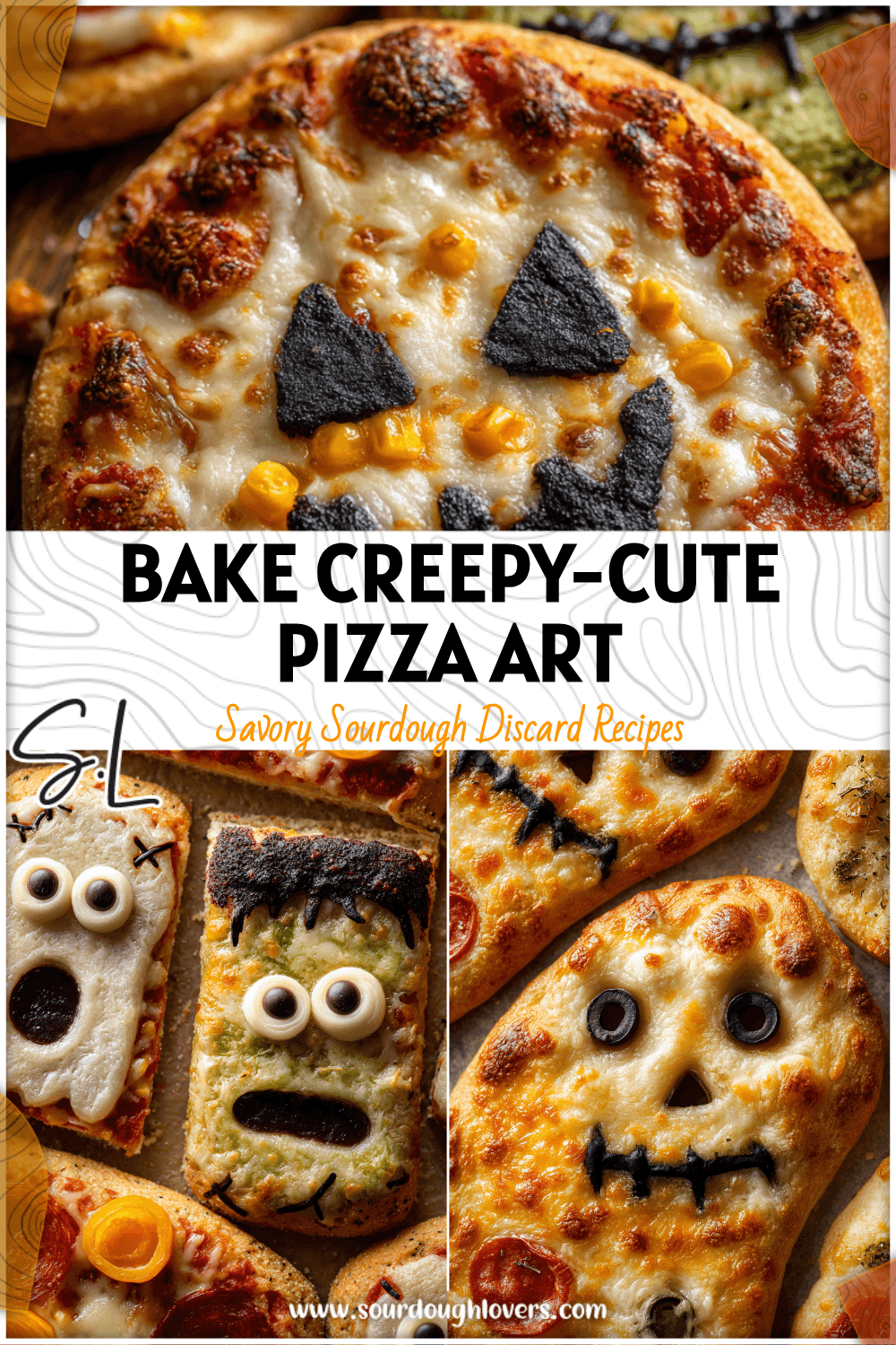 Festive sourdough flatbread pizza decorated as Ghost Bread and Frankenstein faces for a Halloween Pizza Party. 2026